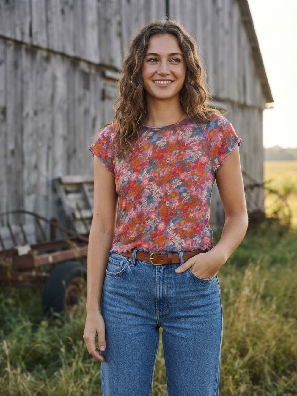 Natural Life Floral Lettuce Trim Cap Sleeve Cotton Knit Top Multi Size S